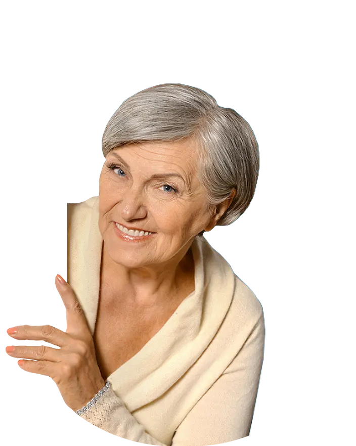 Portrait of a welcoming elderly woman set against a blue background